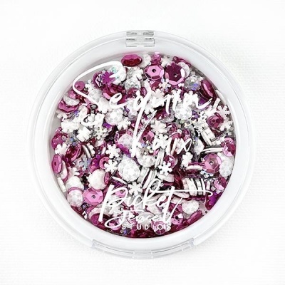 Pote transparente com brilhos decorativos rosa e brancos