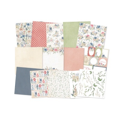 Papel decorativo para scrapbooking com padrões florais e riscas em vários tons pastel e neutros.