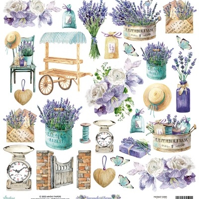 Ilustrações de lavanda, flores brancas, chapéus, carrinho de madeira e elementos campestres em tons lilás e azul