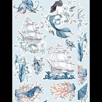 Autocolantes de sereias, polvos e navios à vela em tons azuis e laranja