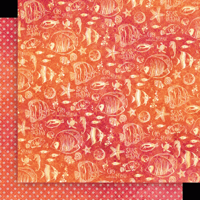 Papel decorativo com peixes e estrelas-do-mar em tons quentes laranja e vermelho