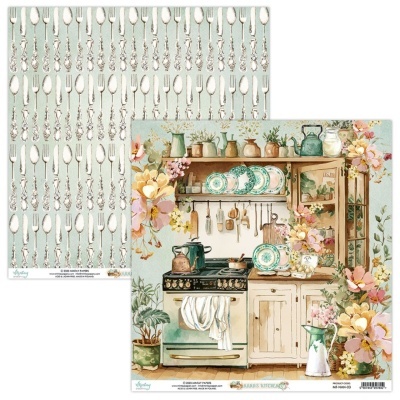 Papel decorativo dupla face com padrão de talheres e ilustração de cozinha vintage com flores