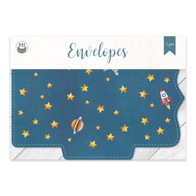 Envelope azul com estrelas amarelas, planeta e foguete, embalagem com texto