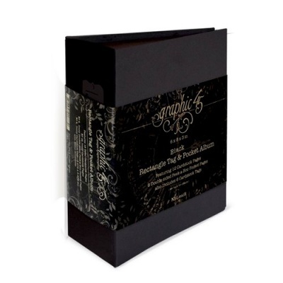 Álbum retangular preto para fotos com faixa decorativa preta e dourada