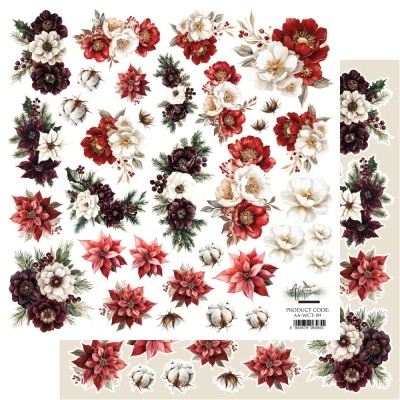 Folhas decorativas com flores vermelhas, brancas e roxas e ramos de pinheiro em fundo branco