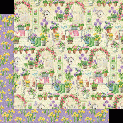 Papel de parede floral com elementos de jardim em cores vivas sobre fundo bege