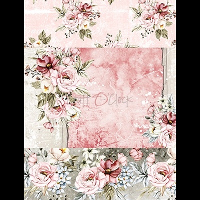 Padrões florais decorativos em tons pastel com texto 'O'clock' num dos painéis