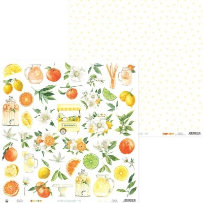 Papel para scrapbooking com ilustrações de frutas cítricas, flores e jarros de limonada