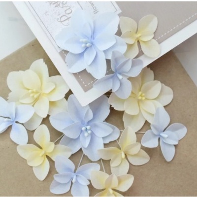 Flores decorativas em tons pastel sobre papel kraft e cartão com texto