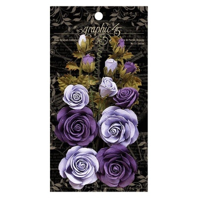 Flores artificiais roxas e lilás em embalagem preta com texto