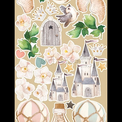 Adesivos ilustrados de balões, castelos, pombos, asas, flores e elementos decorativos.