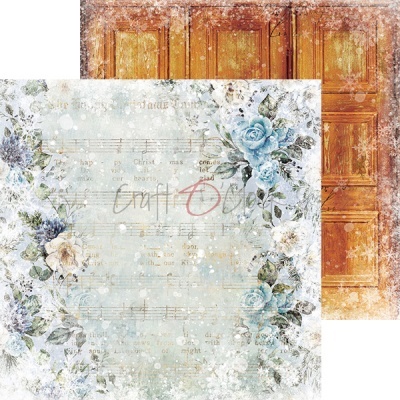 Papel decorativo floral azul com notas musicais e verso com padrão de portas de madeira alaranjadas