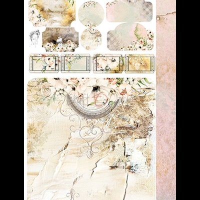 Folhas decorativas para scrapbooking com flores, texturas envelhecidas e elementos gráficos