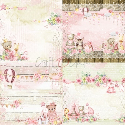 Papel decorativo infantil com ursos e flores em tons pastéis e detalhes em renda