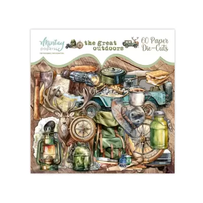 Recortes de papel decorativos tema campismo com vários equipamentos e texto de marca e conteúdo.