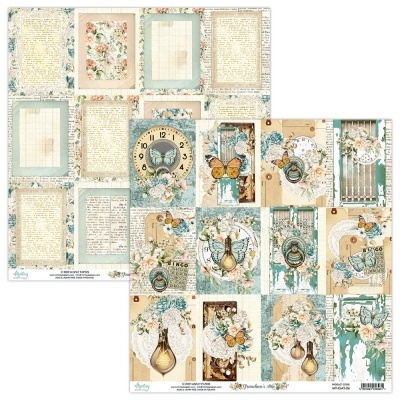 Folhas de papel decorativo para scrapbook com padrões vintage, flores, borboletas, relógios e textos manuscritos.