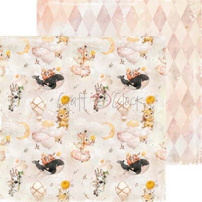 Papel decorativo dupla-face com padrão de diamantes rosa e ilustrações de animais fofos em fundo bege