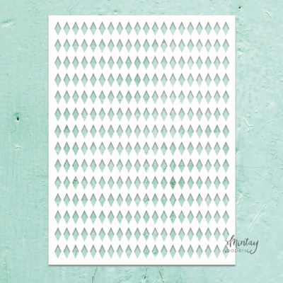 Folha branca com padrão de losangos recortados sobre fundo verde água.