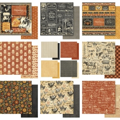 Papel decorativo com desenhos rurais e padrões xadrez em tons quentes e terra