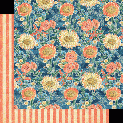 Tecido azul com padrão floral e riscas laranja e creme na borda