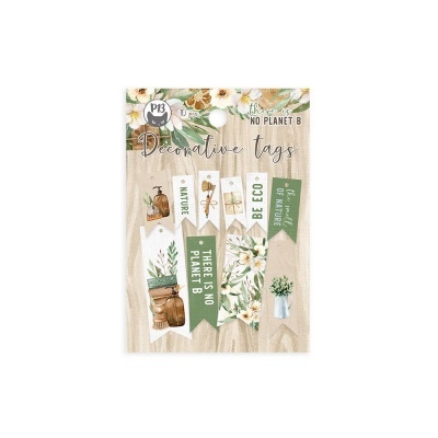Etiquetas decorativas com temas ecológicos e botânicos em fundo de madeira clara