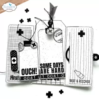 Cartão artesanal preto e branco com frases e desenhos de curativos e cruzes