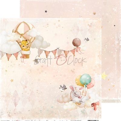 Papel de scrapbook decorativo com balões, nuvens e coelho em tons pastel
