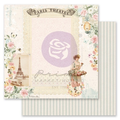 Papel decorativo vintage com a Torre Eiffel, flores e mulher com cesta