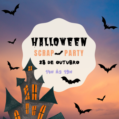 Pôr do sol com morcegos, casa assombrada e texto de festa de Halloween