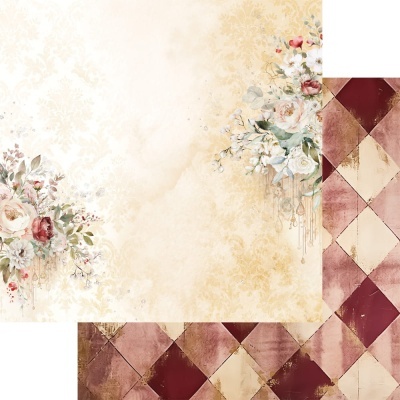 Papel decorativo com padrão floral e padrão geométrico em tons vinho e bege.