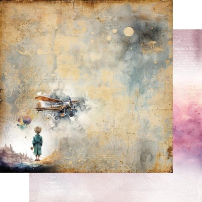 Menino de costas a olhar para um avião biplano pequeno contra fundo envelhecido com texturas e manchas claras