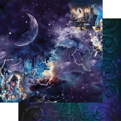 Papel de parede ou tecido com padrão de céu estrelado e elementos florais e góticos em tons roxo e azul