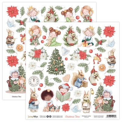 Folhas de papel decorativo natalício com desenhos infantis e motivos de Natal em cores suaves