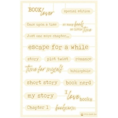 Folha de autocolantes com frases em inglês sobre livros em letras castanhas