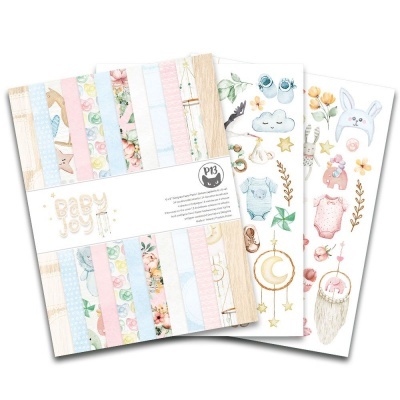 Folhas de papel decorativo para scrapbooking com padrões pastel e elementos infantis