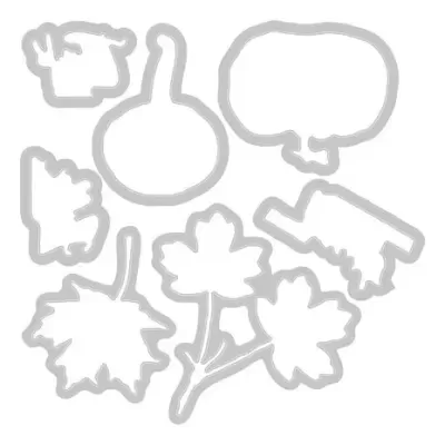 Conjunto de moldes de corte metálicos com formas de folhas e balão de diálogo