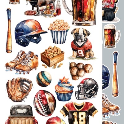 Ilustração de festa com elementos de futebol americano, comida e acessórios coloridos