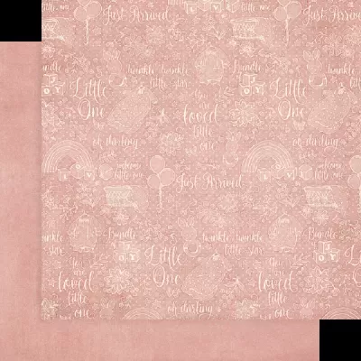 Papel de embrulho cor-de-rosa com texto e desenhos para bebé