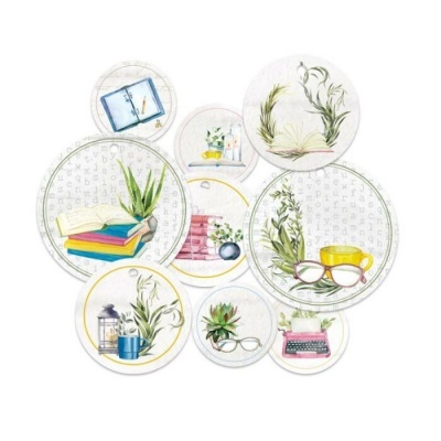 Conjunto de pratos decorativos com ilustrações de objetos de escritório e natureza em fundo branco