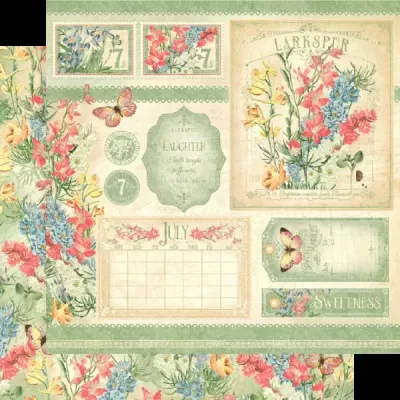 Padrão decorativo floral com texto em inglês e elementos vintage em tons pastel