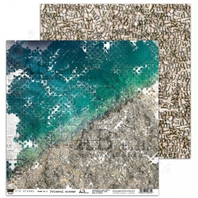 Papel scrapbooking dupla face com letras e paisagem costeira