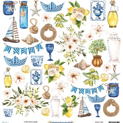 Objetos decorativos mediterrâneos em aquarela, com jarros azuis, flores, limões, conchas, cordas e barcos brancos e azuis.