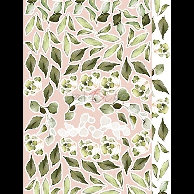 Padrão floral com folhas verdes e flores brancas sobre fundo rosa