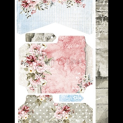 Papéis decorativos florais para montagem de caixa com padrões em rosa, azul e cinza.