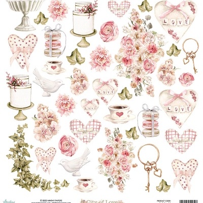 Elementos decorativos românticos em rosa, creme e dourado como corações, flores, pombas, bolos e chaves.