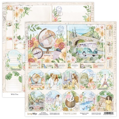 Papel decorativo para scrapbooking com tema de viagem e ilustrações vintage coloridas