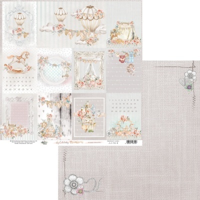 Papel de scrapbooking dupla face com ilustrações vintage em tons pastel e padrão bege com flor bordada