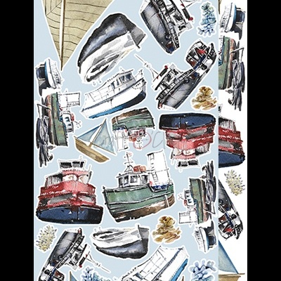 Papel de parede ou padrão com ilustrações de barcos, peixes e corais coloridos.