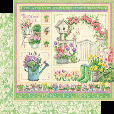 Papel decorativo com ilustrações florais, regador, botas verdes e texto 'GROW with LOVE'