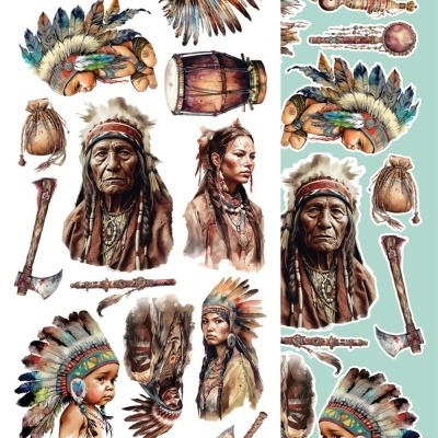 Adesivos ou recortes com ilustrações de índios nativos americanos e objetos tradicionais